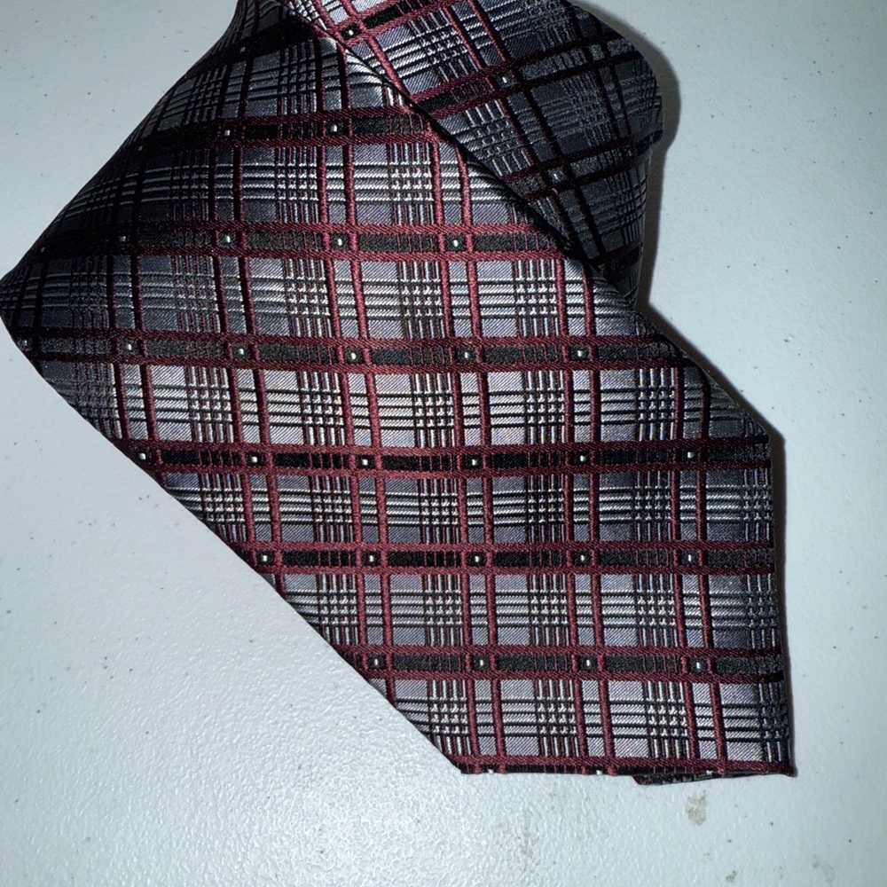Pronto Uomo Burgundy and Black Plaid Tie 100% Silk